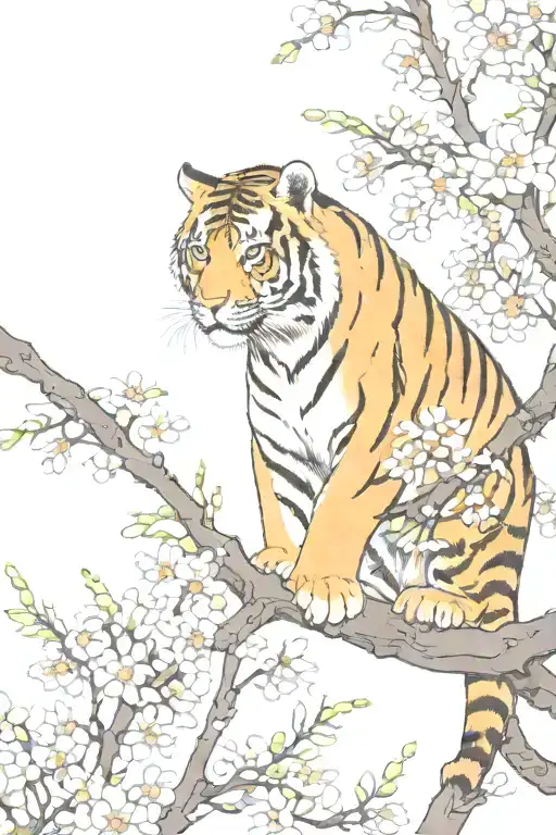 Tiger Climbing Down Chewy Blossom Branch