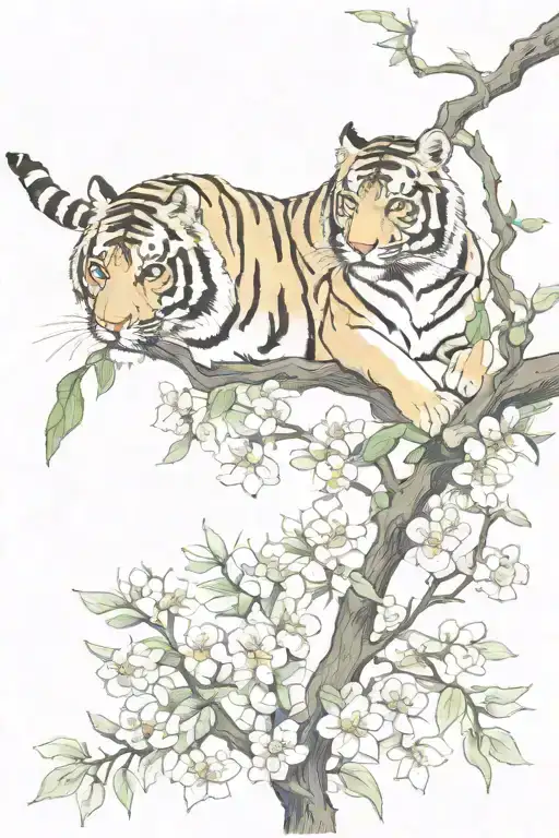Tiger Climbing Down Chewy Blossom Branch