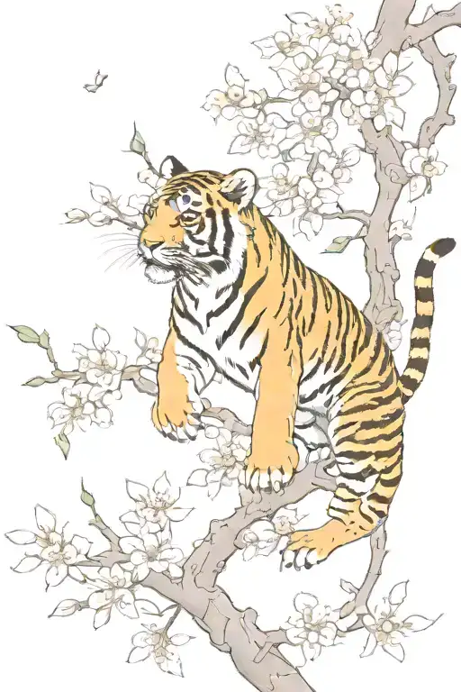 Tiger Climbing Down Chewy Blossom Branch