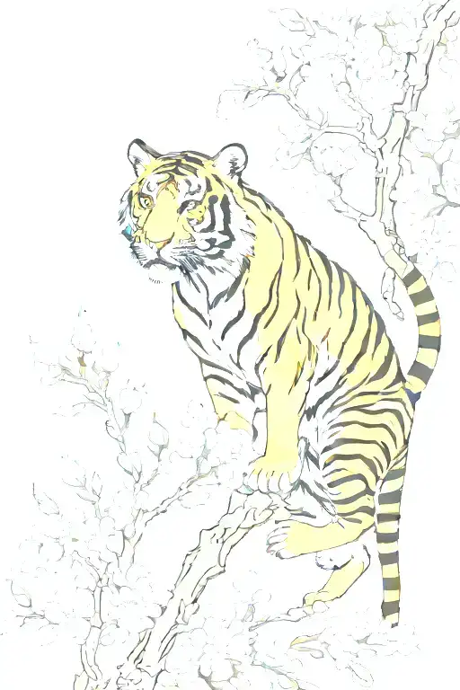 Tiger Climbing Down Chewy Blossom Branch