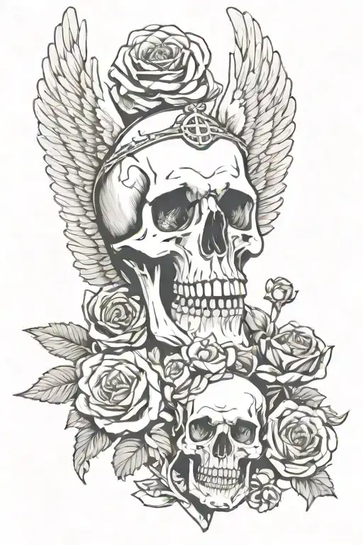 Skull With Roses And A Cross With A Money Clip And Angel Wings