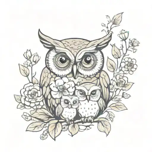 Owl With Two Babied And Flowers Surrounding