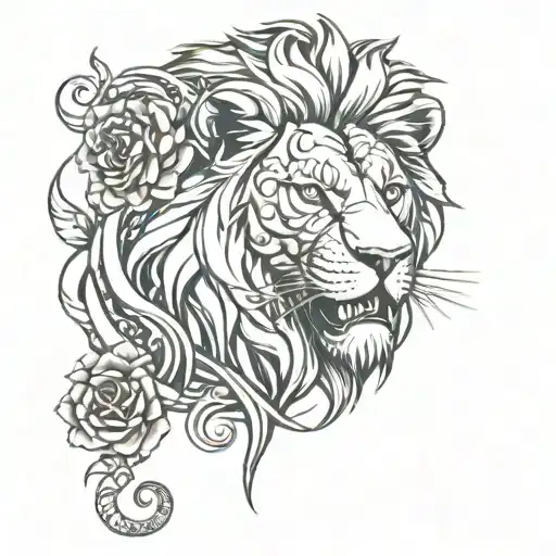 Tattoo Of A Blue-eyed Lion Roaring And Above It A Machinery And Above It A Rose