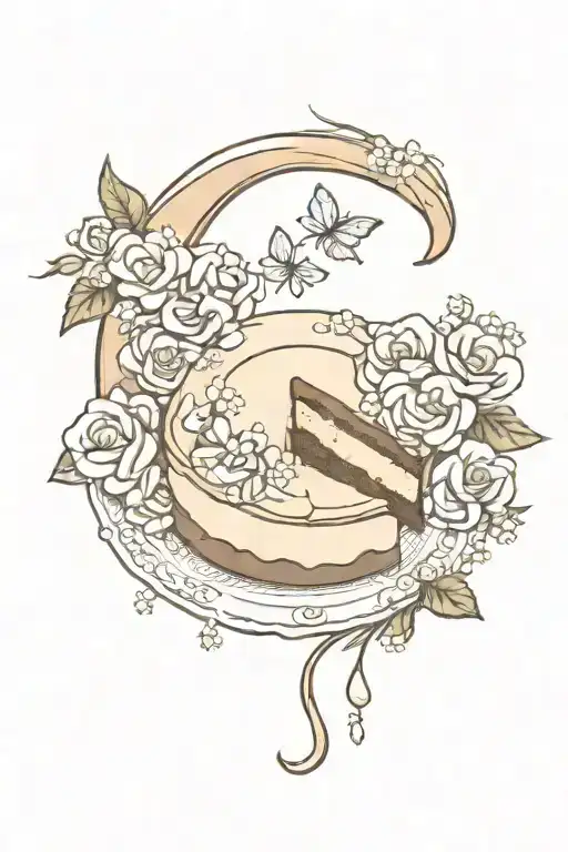 Crescent Moon And Slice Of Cake With Delicate Flowers