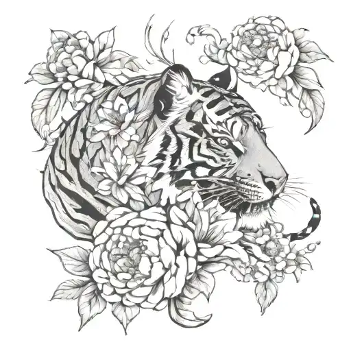 Tiger With Peony Flowers