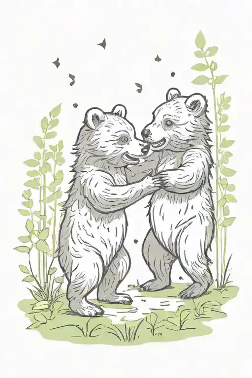 Magical Forest Scene With Two Small Bear Cubs Dancing