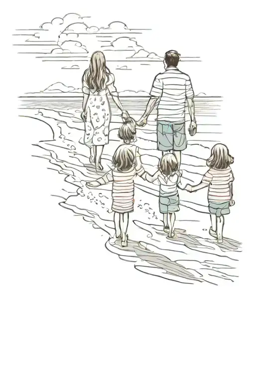 Beach Landscape With Family Holding Hands