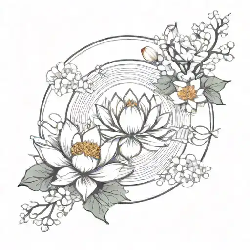 Circle With Branch Inside With Flowers Blooming Lotus Flower