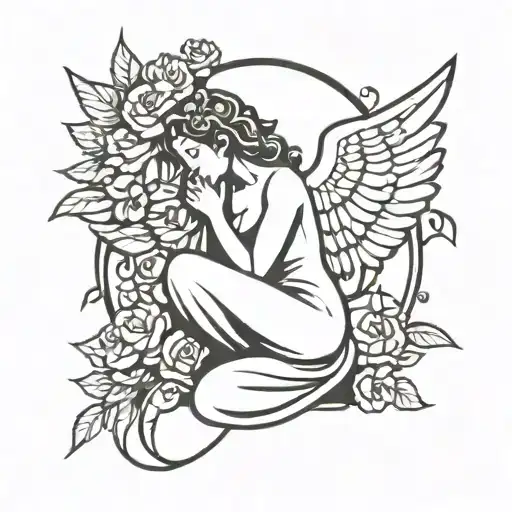Angel Kneeling Surrounded By Roses Intertwined