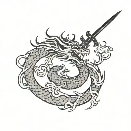 Chinese Dragon Circling A Sword Wrapped