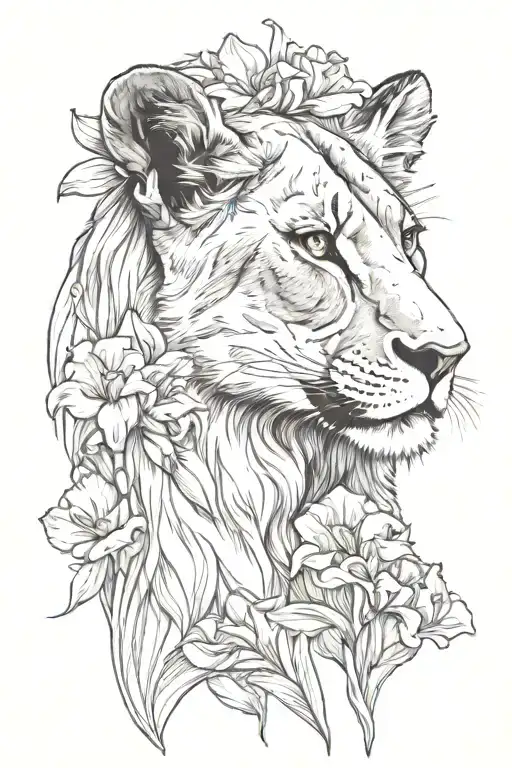 Lioness Face Profile Surrounded By Iris Honeysuckle Violet And Rose Flowers