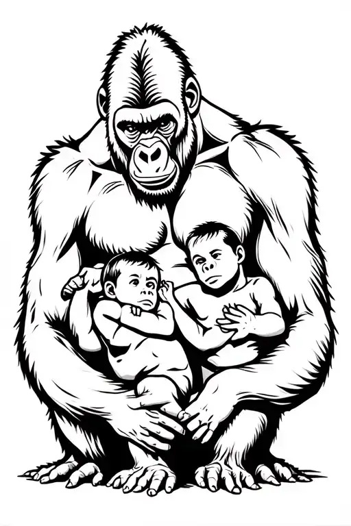 Protective Gorilla With Their Two Male Children In Their Arms