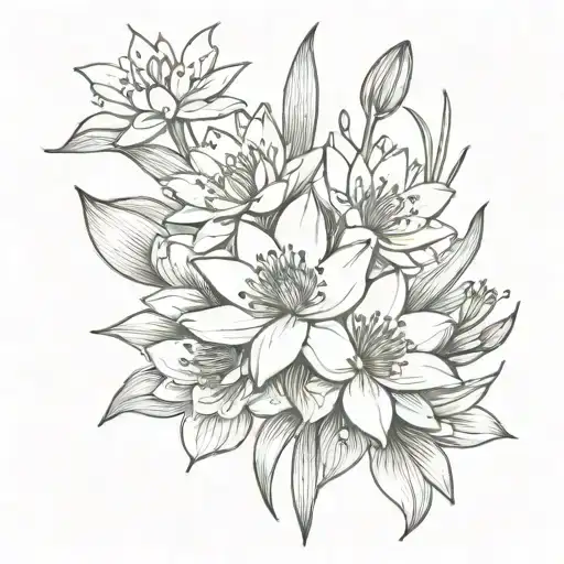 Simplistic Outline Tattoo Of A Flower Bouquet With Waterlilies And Lily Of The Valleys