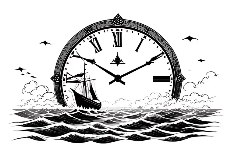 Boat In Storm Deep At Sea With Clock Face In Background Lost In Clouds