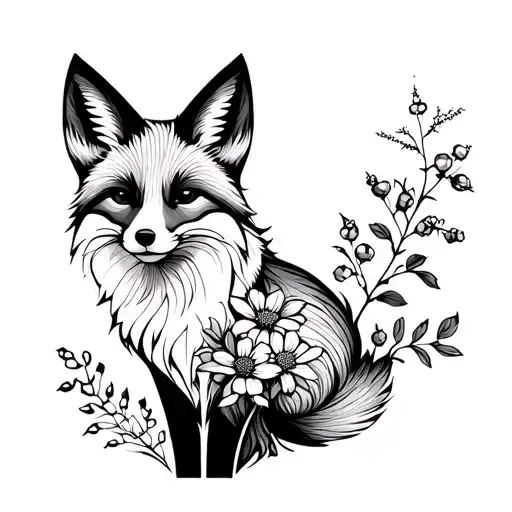 Fox With Cosmos And Hawthorn Flower