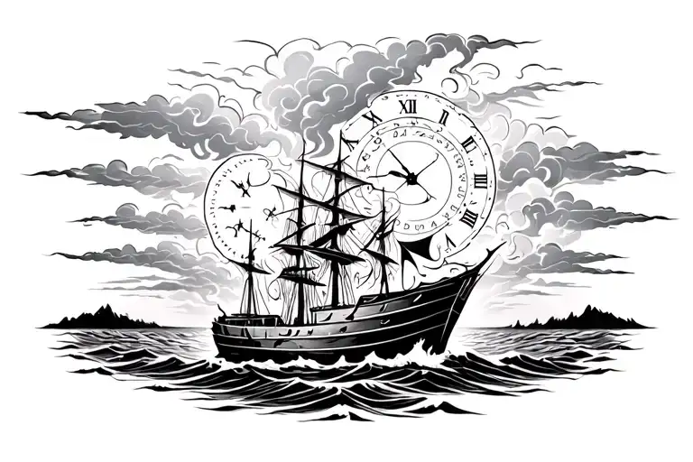 Burning Boat In Storm Near Shore With Clock Face In Background Lost In Clouds