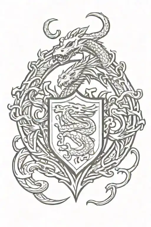 Minimalist Heraldic Dragon Serpent Surrounding Emblematic Shield
