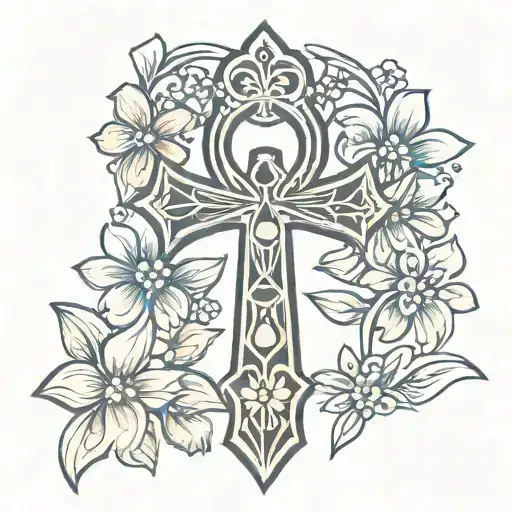 Ankh Symbol With 3 Small Flowers And 3 Big Flowers
