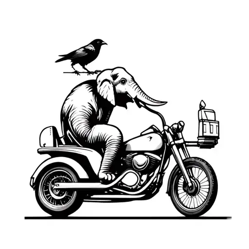 Elephant Riding Motorcycle And A Crow Riding In The Attached Motorcycle Sidecar