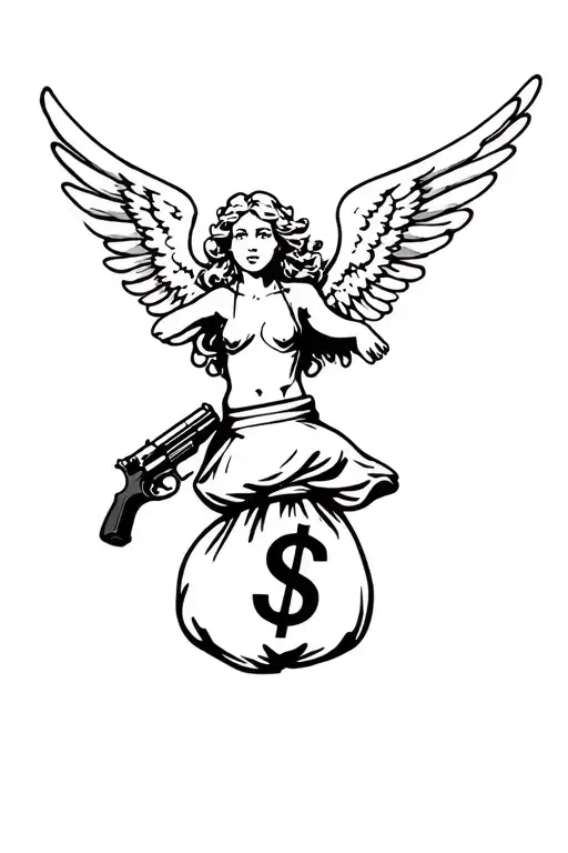 Angel Flying Up With Money Bag And Gun