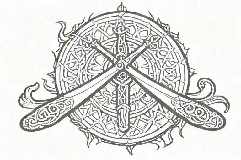 Scimitar Crossed With The Druid Symbol Incorporated