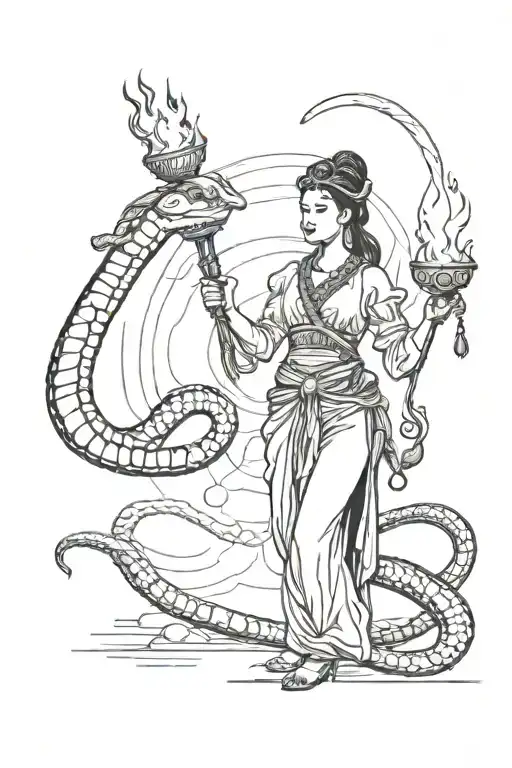 Woman Holding Two Torches And A Snake Coiled