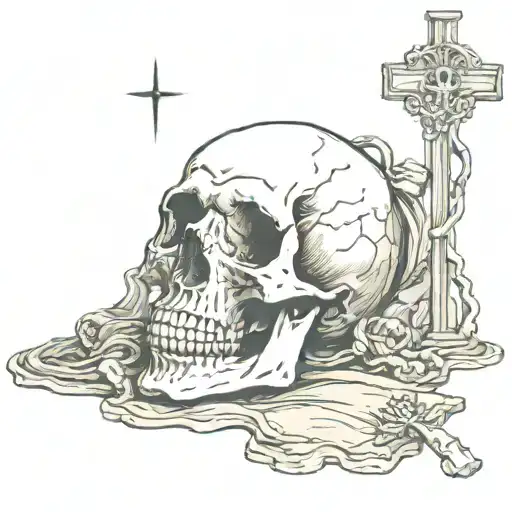 Skull In Meditation Scene And The Cross Made