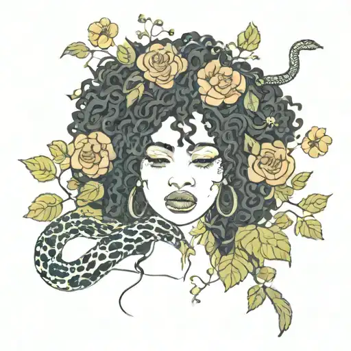 Black Girl With Curly Hair With Flowers Over Her Body And Eyes And A Snake Around Her