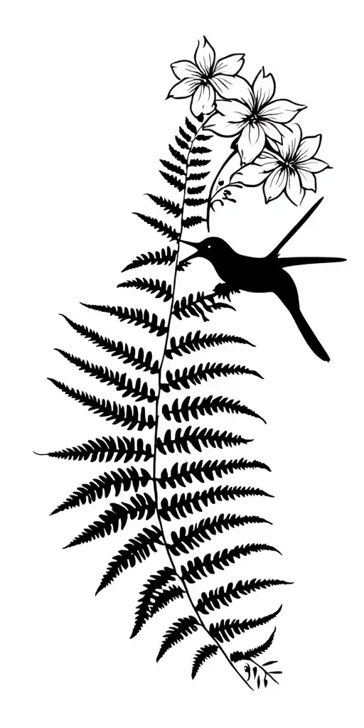 Ferns And Flowers With Humming Bird Drinking