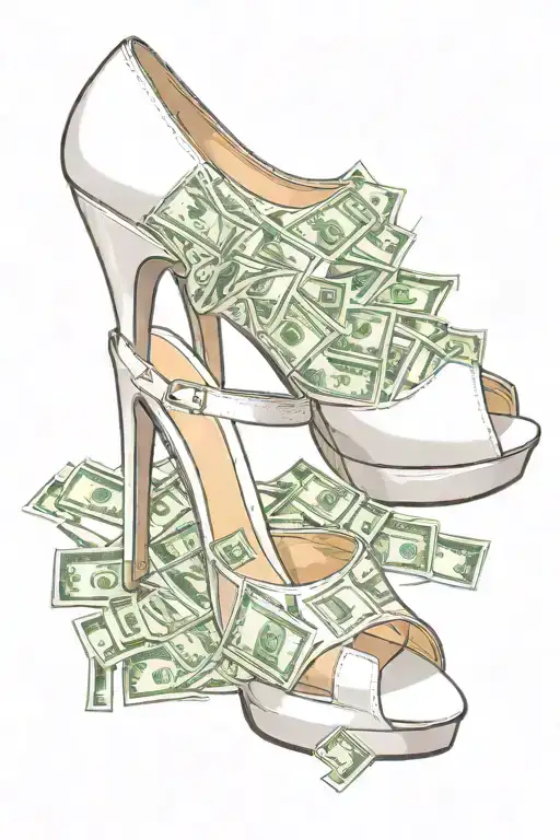 One Open Toe High Heel Shoe With A Money Design On The Outside