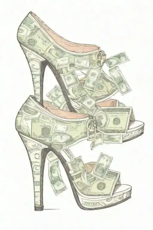 One Open Toe High Heel Shoe With A Money Design On The Outside