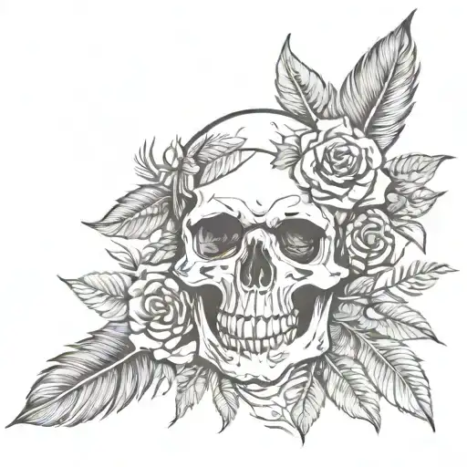 Skull Roses Leaves Feather Feminine