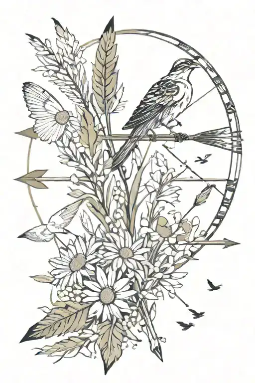 Native American Arrow With Daisies And Birds Flying Around Point