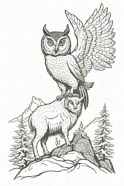 Owl With A Big Antler Of A Mountain Goat Standing On A Mountain