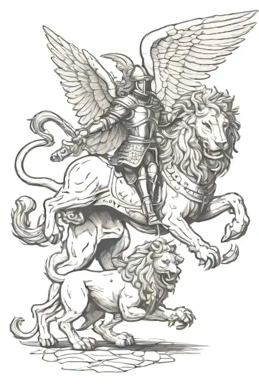 Winged Lion Fighting With A Knight