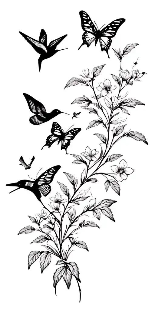 Garden Scene With Butterflies And Humming Birds