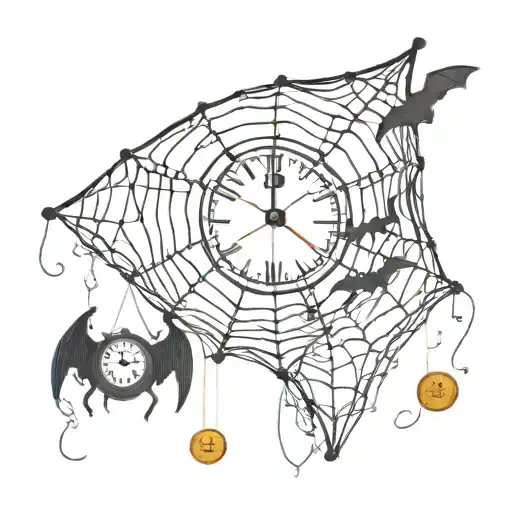Spider Web With Money A Clock And A Bat Hanging Upside