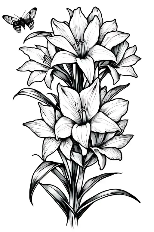 Multiple Gladiolus Flowers Intertwined With A Moth