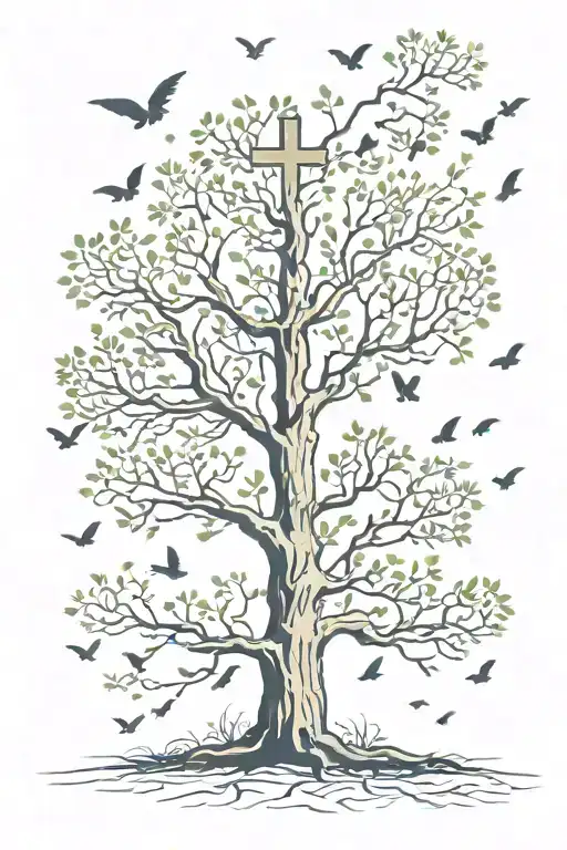 Posion Tree Growing With 3 Crosses In The Tree With Birds Flying Around The Tree