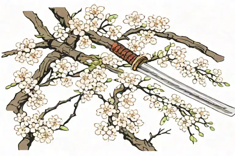 Katana Sword Leading Into Cherry Blossom Branch And Whilting Off