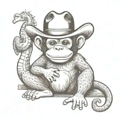 Monkey With Mustache And Cowboy Hat In A Squatting Position With A Seahorse On His Shoulder