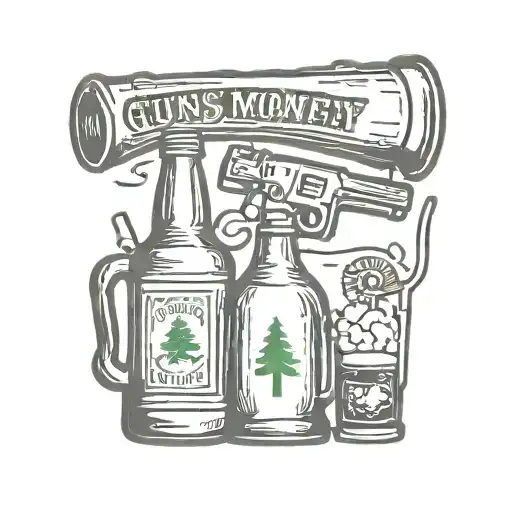 Guns Money Drugs Beer Bottle Camping Scene