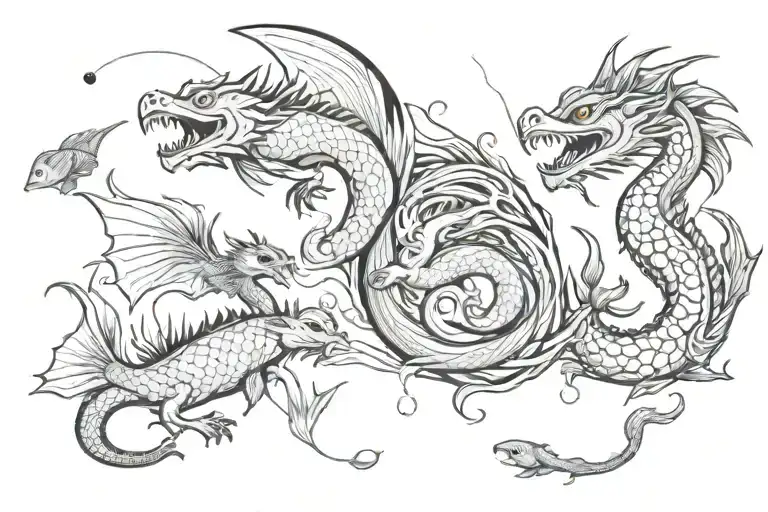 Dragons And Fishes Black & White