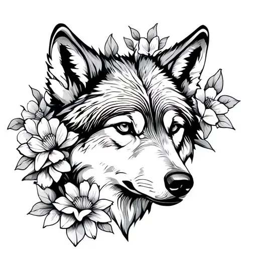 Wolf With Flowers Blooming