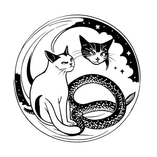 A Moonlit Scene Of A Cat And Snake Peacefully Coexisting Under The Stars