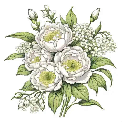 3 Peony's With A Lily Of The Valley Flowers