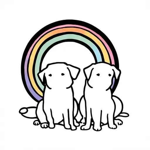 Two Dog Outlines With Halo And Rainbow Behind It