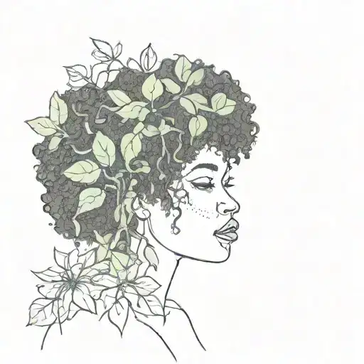 Black Woman With Curly Afro Hair With Plants Growing Out Of Her Hair Embracing Herself