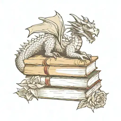 Stack Of Books With Dragon And A Rose