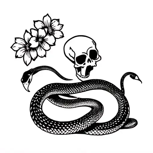 Snake With Flowers And Skulls Facing Each Other